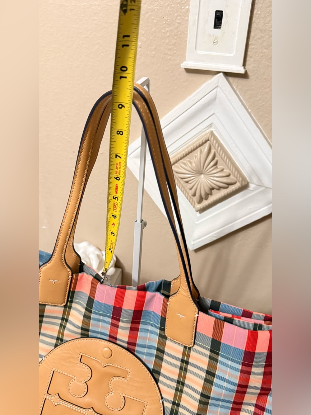 Tory Burch Multicolor Plaid Tote with Tan Leather Trim - Picture 7 of 13